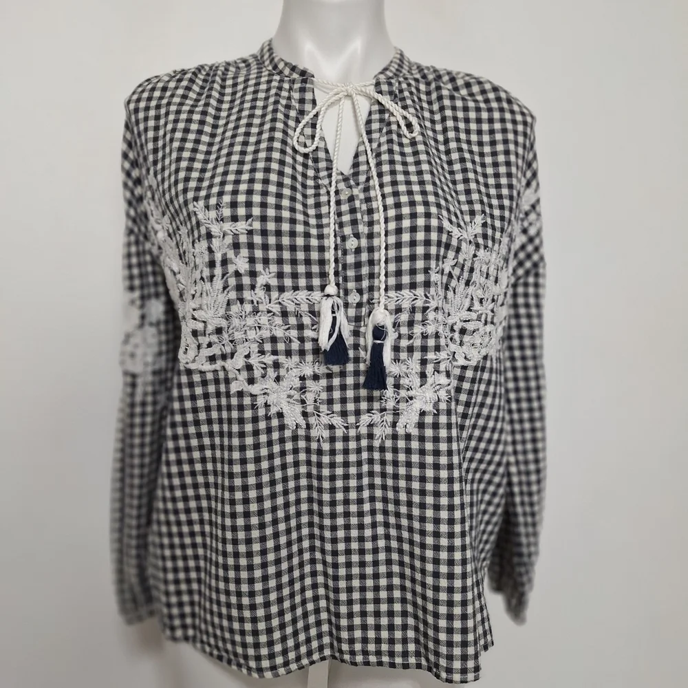 ZARA Trafaluc Gingham Coquette Cottagecore Bohemian Embroidered Babydoll Top M